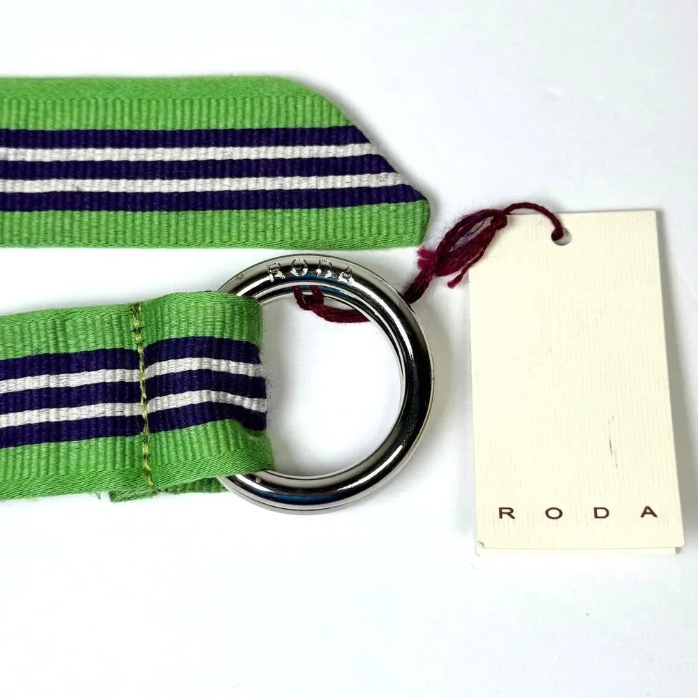 RODA Belt‎ Mens Unisex Large Green Navy Blue Stripe Fabric D Ring Preppy Classic